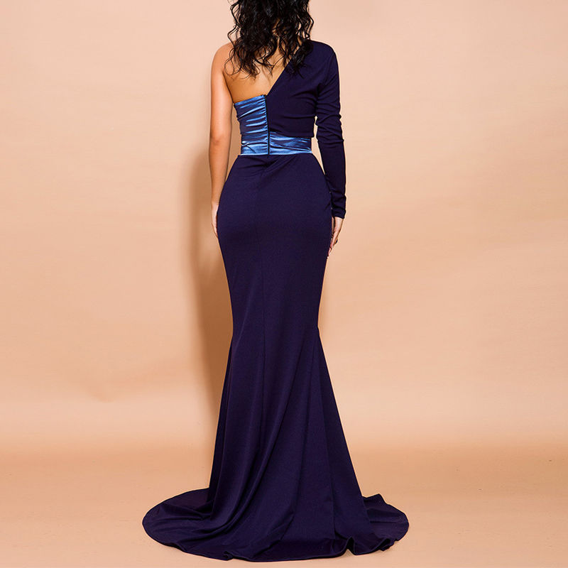 थंबनेल: Elegant One Sleeve Stitching Contrast Navy Blue  Long Dinner Party Dress Women