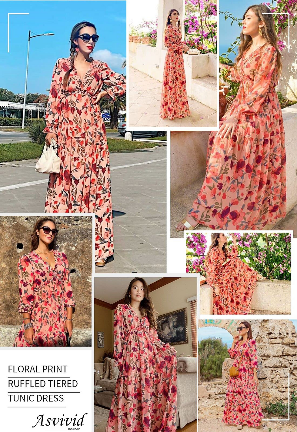 Thumbnail: Asvivid Womens Maxi Dress Boho Floral Print Casual Deep V Neck Long Sleeve Long