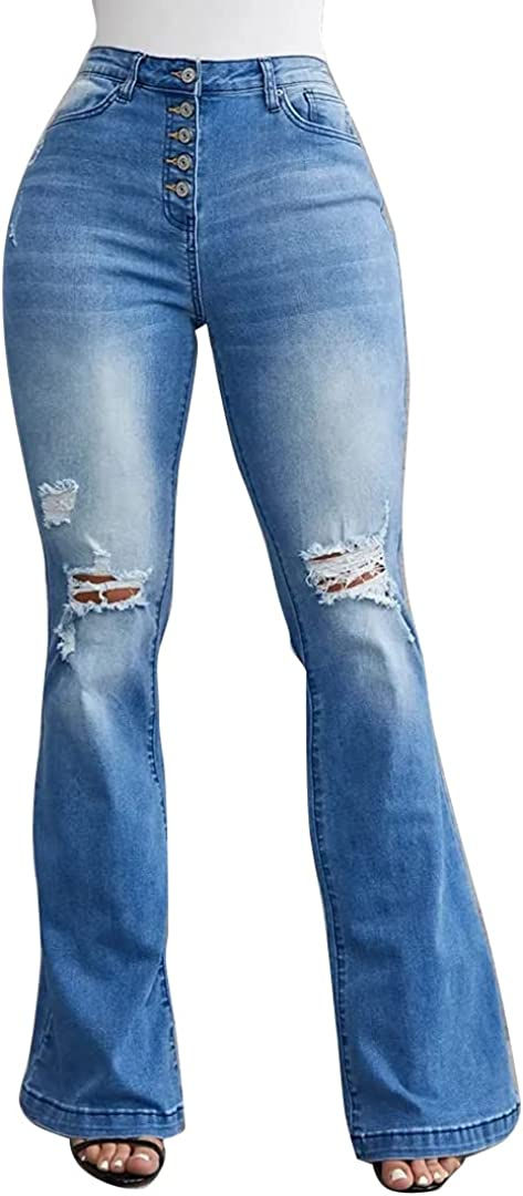 Thumbnail: Flamingals Jeans for Women 90s Vintage Sexy Ripped Mid Waist Bell Bottom