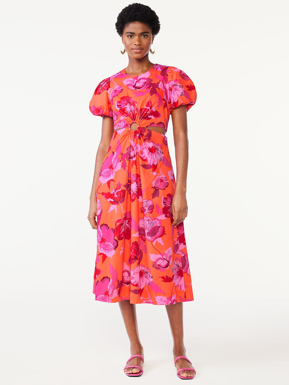 Miniature : Scoop Women's Cut Out Midi Dress with Puff Sleeves, Sizes XS-XXL