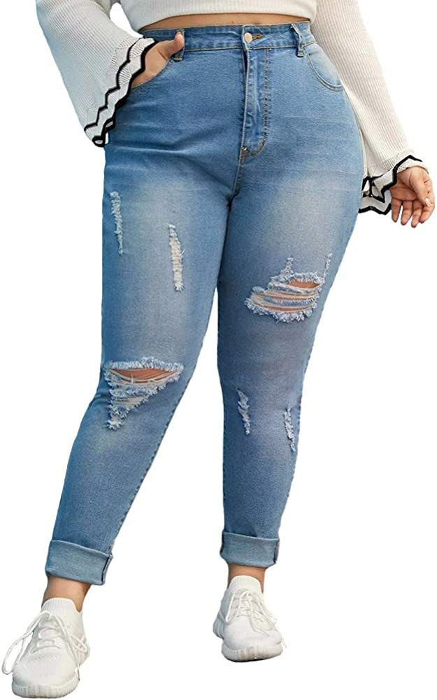 Thumbnail: ALLABREVE Women Plus Size Ripped Stretch Skinny Jeans, High Rise Distressed Den