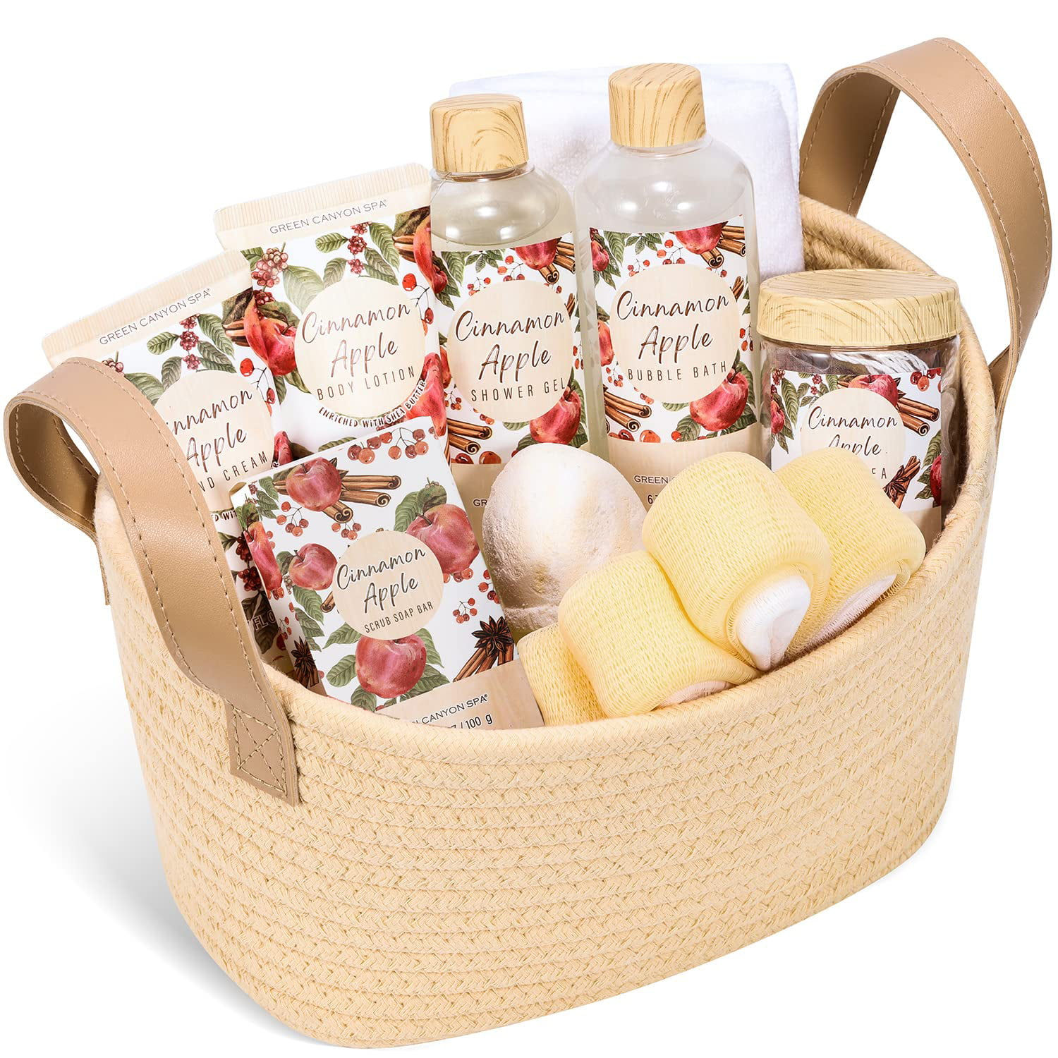 Bath Gift Baskets for Women, 10pcs Cinnamon Apple Spa Relaxation Self Care Chri