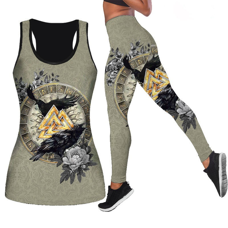Thumbnail: Women Fashion Viking Tattoo Legging Yoga Pants And Hollow Tank Womens Sport Ves