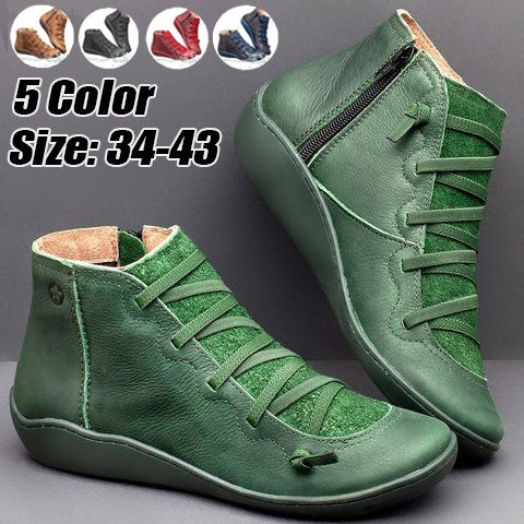 الصورة المصغرة: New Fashion Women's Medieval Vintage Leather Boots Braided Strap Flat Heel All 
