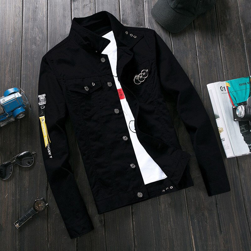 الصورة المصغرة: Spring 2020  Red Pink Black Jeans Jacket Men Slim Streetwear Ripped Denim Jacke