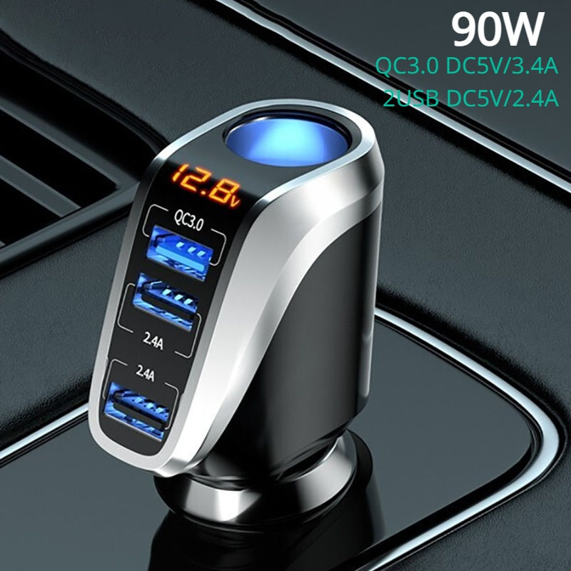 Miniaturbild: BUVAYE Car Charger Cigarette Socket 90W LED Display Type-C PD20W USB 66W QC 3.0