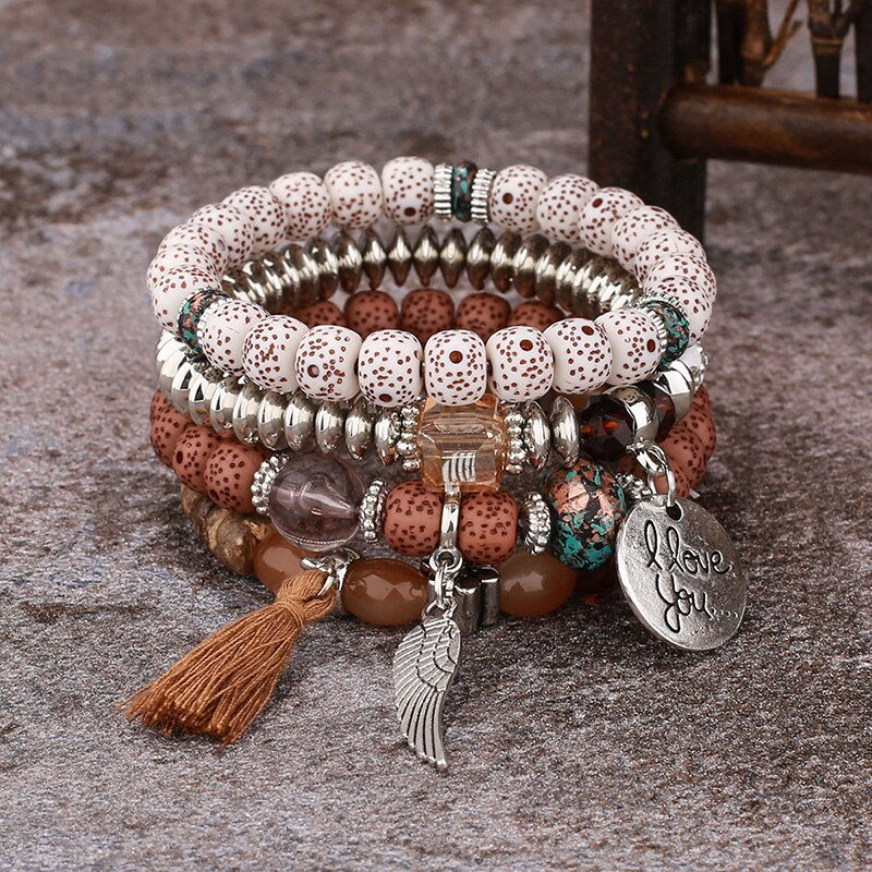 Thumbnail: 4Pcs Boho Stone Beads Chain Bracelet Set For Women I Love You Letter Feather Ta