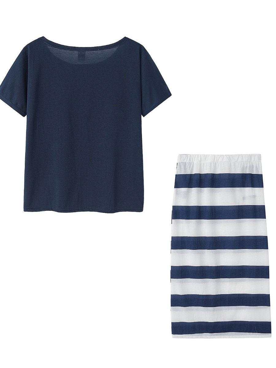 الصورة المصغرة: LW Plus Size Two Piece Letter Print Striped Skirt Set Fashion Casual Oblique Ba