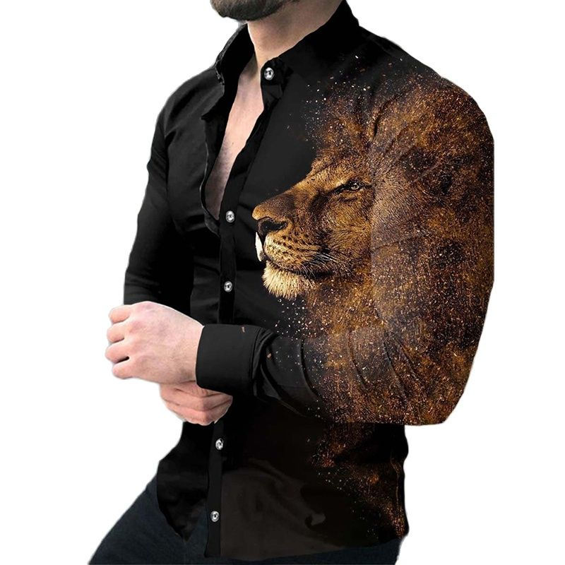 Thumbnail: Fashion Print Shirt Men's Long Sleeve Lion Wolf Graphic Print Tops Harajuku Ani