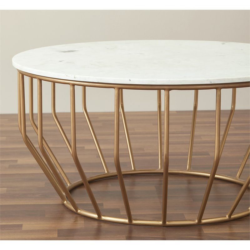 Miniaturbild: Mod-Arte Modern Iron Metal Coffee Table with Marble Top in White/Gold Leaf