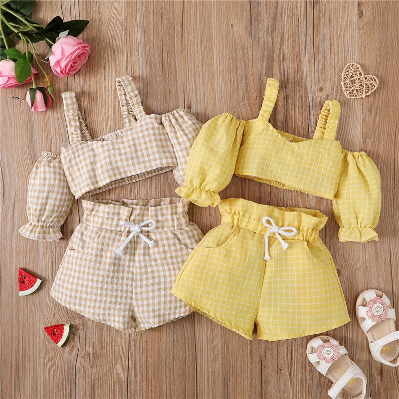 الصورة المصغرة: 1-4 Years Toddler Girls Two-Piece Outfits Plaid Hollowed Shoulder Crop Tops + E