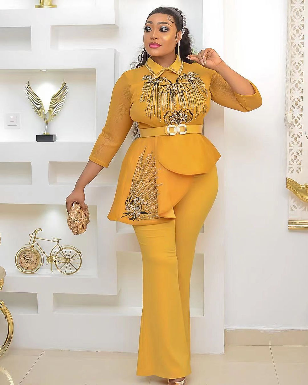 Миниатюра: 2 PCS Set Outfits New Lady Embroidery Diamond Tops Pants Trousers Suits African