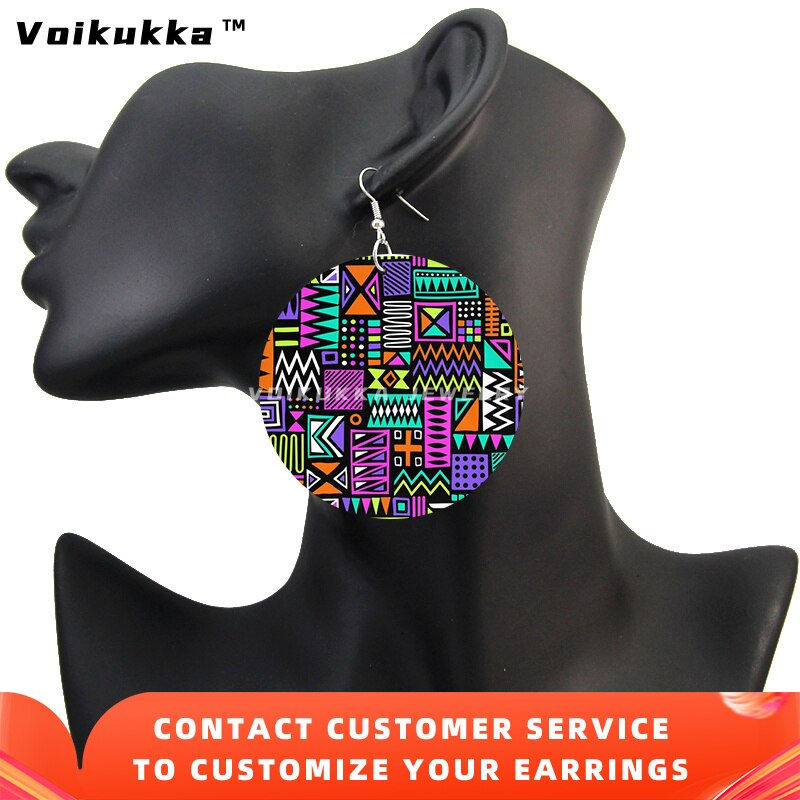 Thumbnail: Voikukka Jewelry African Ethnic Fabric Pattern Leaf Wood Double Sides Print Rou