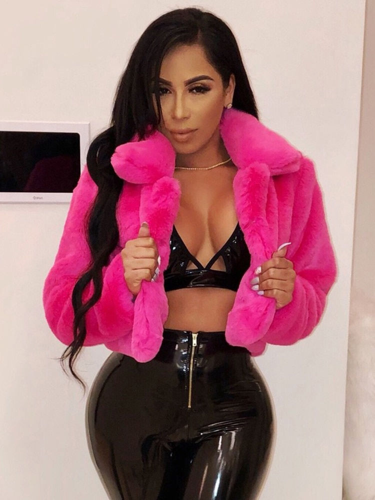 Thumbnail: Viifaa Notched Collar Open Front Faux Fur Winter Coat Women 11 Colors Cropped J