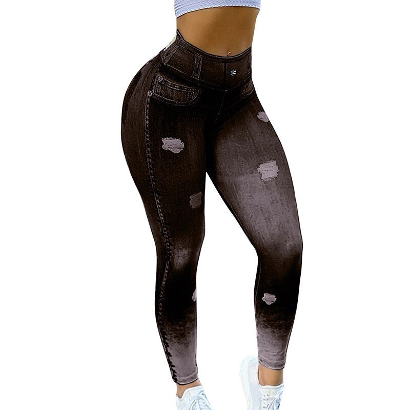 Thumbnail: Slim Women Leggings Plush Lined Winter Faux Denim Jeans Leggings Pockets Fashio