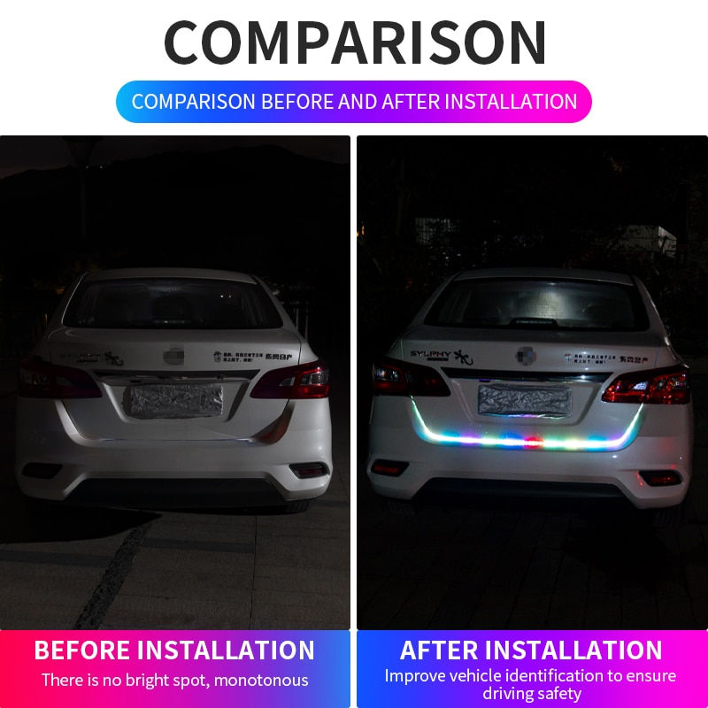 Thumbnail: Car Rear Trunk Tail Light 120cm Colorful Dynamic Reverse Warning LED Strip 12v 