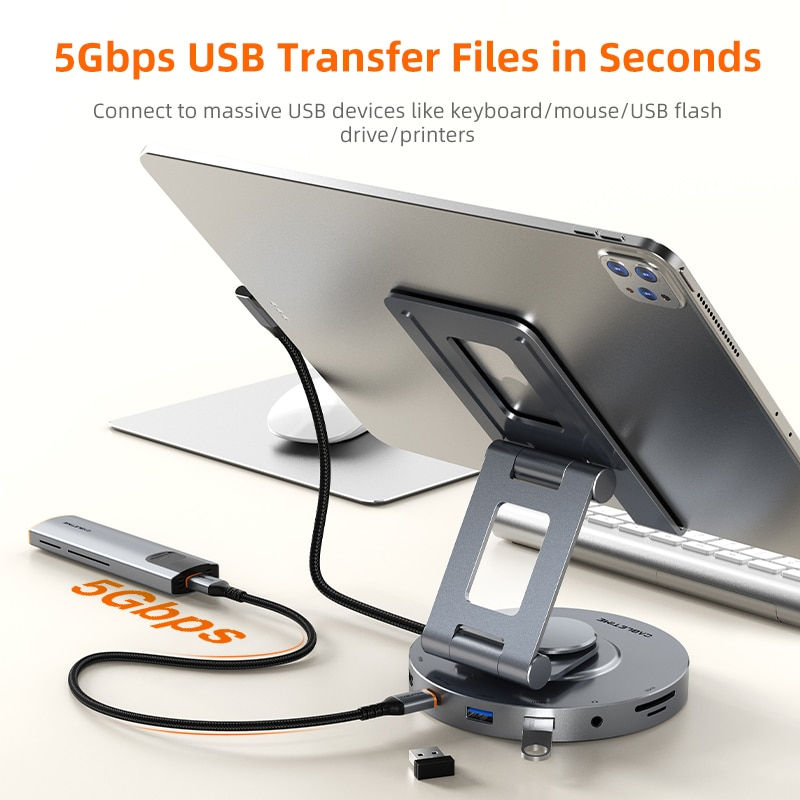 Miniature : CABLETIME 8 in 1 Multi USB C Hub to 4K60Hz HDMI 360 Rotating Stand 100W 5Gbps T