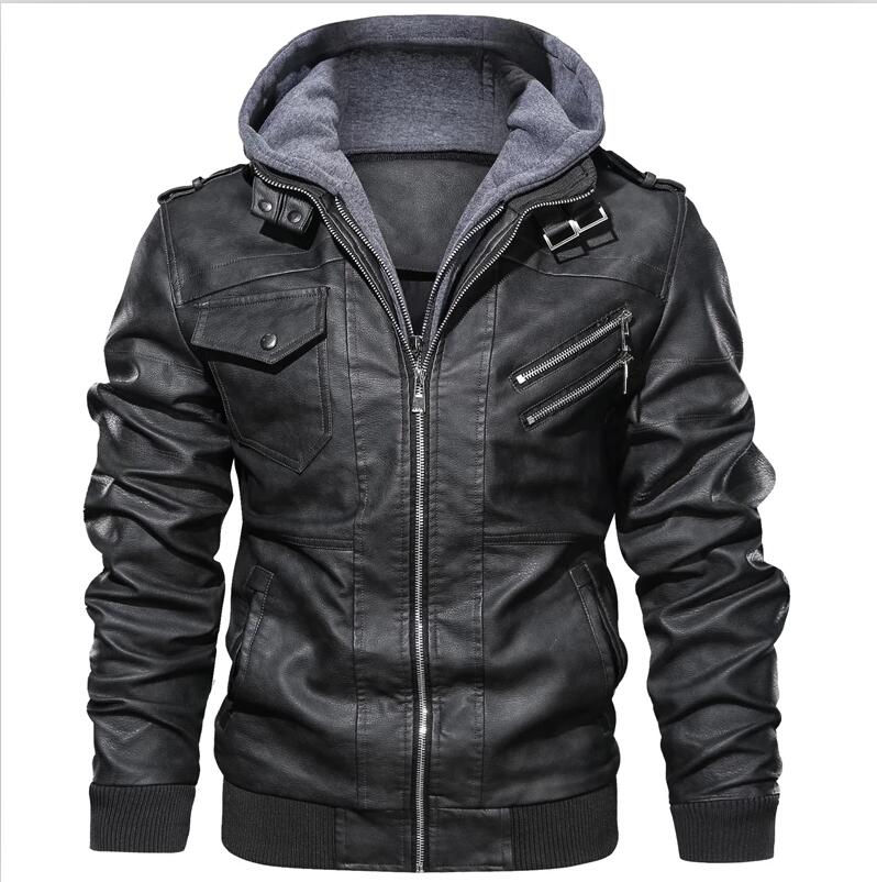 Thumbnail: Men's Autumn Winter Motorcycle Leather Hooded Baseball Jackets Plus Size 3XL