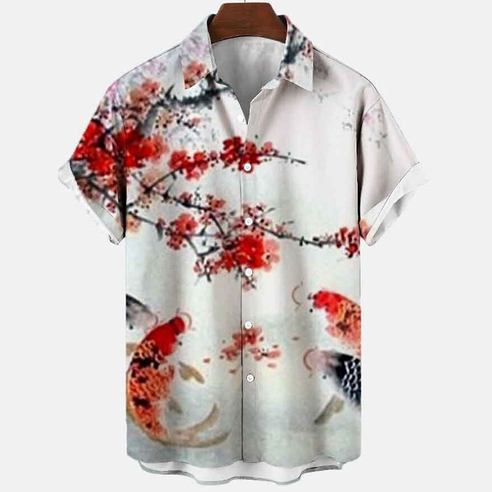 Thumbnail: Japanese Flower Bird Print Fashion Men's Shirt Hawaiian Blouse Casual Loose Bre