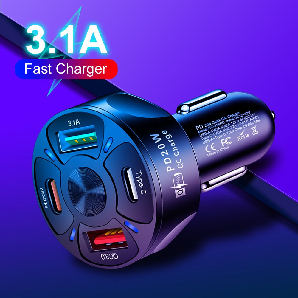 Round Dual USB C Car Charger Fast Charging USB Type C Fast Charger PD QC3.0 For