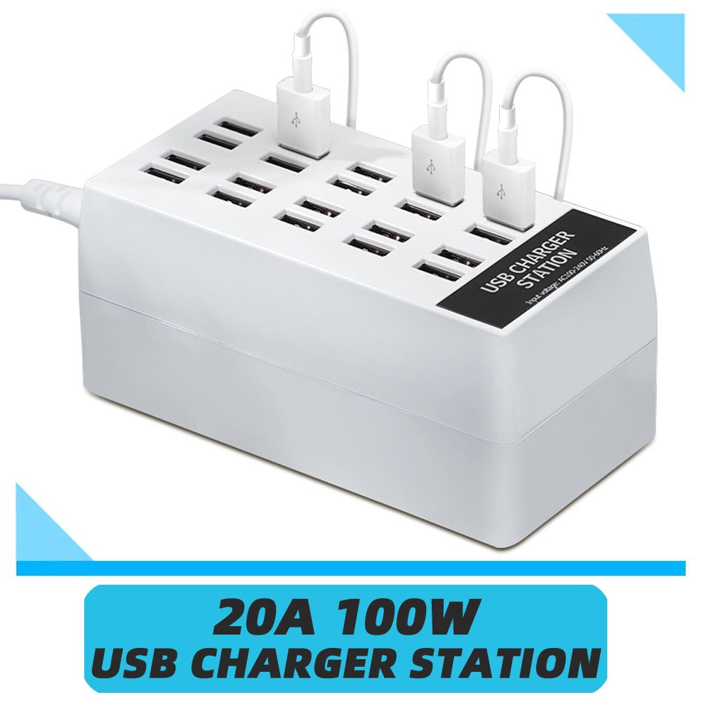 20-Ports 100W/20A Desktop USB Charger Multi-port USB Charging Dock for iPhone S