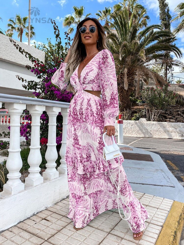 Thumbnail: Women Sexy Maxi Dress 2022 Summer V-Neck Backless Hollow Out Lantern Sleeve Clu
