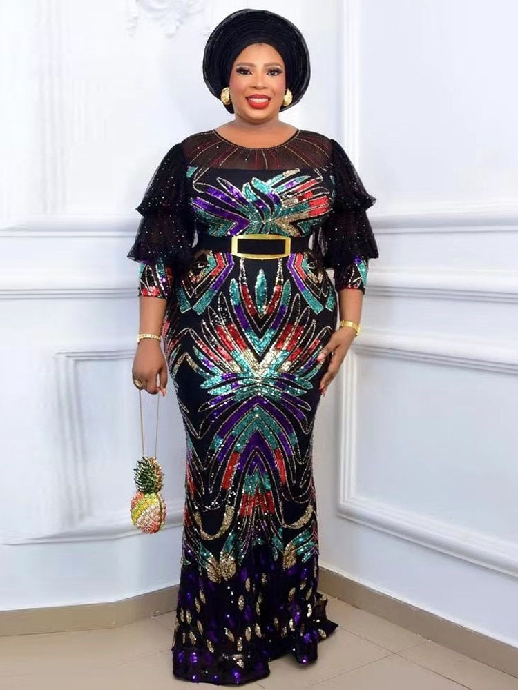 Миниатюра: 2022 New African Luxury Sequin Dresses  Women Sexy Hip Wrap Mermaid Wedding Par