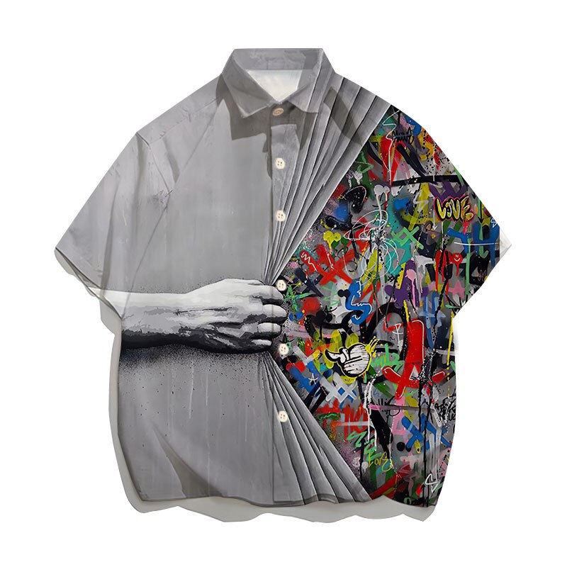 Thumbnail: New Fashion Men's Shirts Newspaper Bee Print Lapel Hawaiian Shirts Street Style