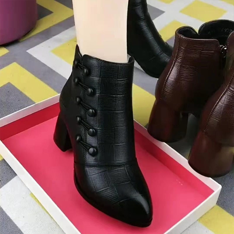 Thumbnail: Women Ankle Boot Winter Warm Side Button Ethnic High Heel Booties Pu Leather Pl