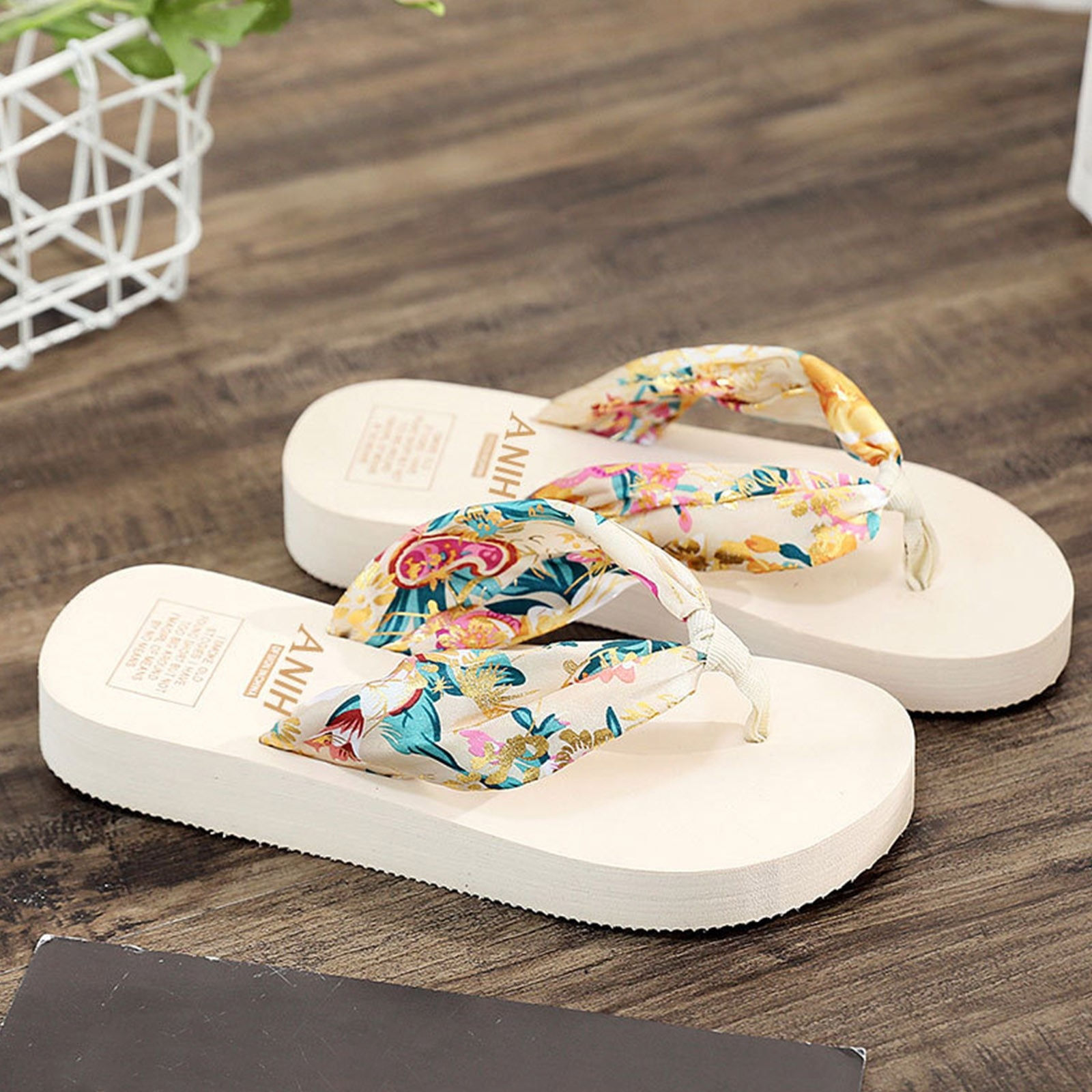 Summer Floral Printing Slippers Women Bohemian Satin Strap Platform Wedge Flip 