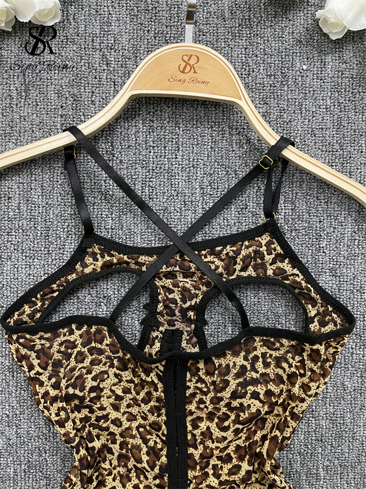 Thumbnail: SINGREINY Leopard Open crotch Sexuality Playsuits Women Short Jumpsuits Hollow 