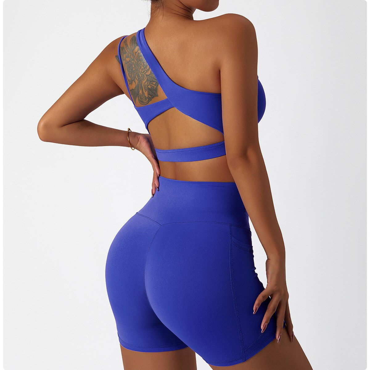 New One Shoulder Sports Suit Women's Set 2 Pieces Gym Tracksuit Training Bra Ru