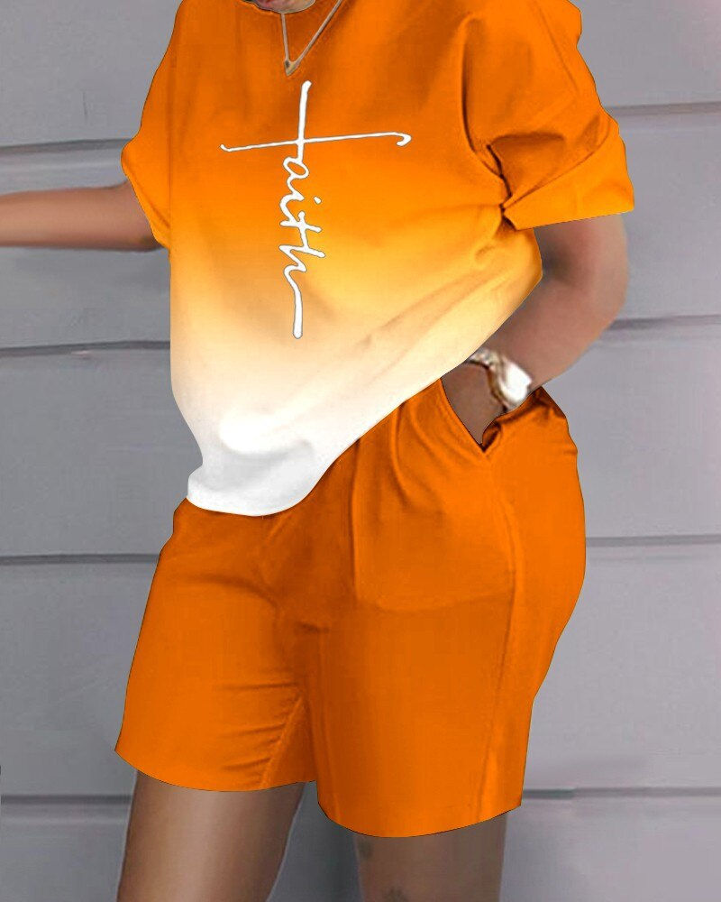 Thumbnail: Summer Fashion Casual Two Piece Set Women Sports Style Loose Print Tshirt Short