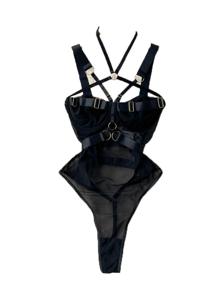 Thumbnail: Women's Hollow Combination Bodysuit Slim Fit Erotic Mesh Lace Jumpsuit Bodysuit