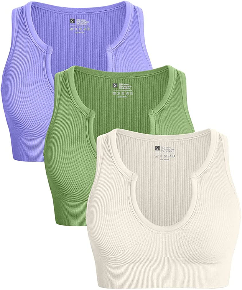 Thumbnail: OQQ Women's 3 Piece Medium Support Crop Top Seamless Ribbed Removable Cups Work