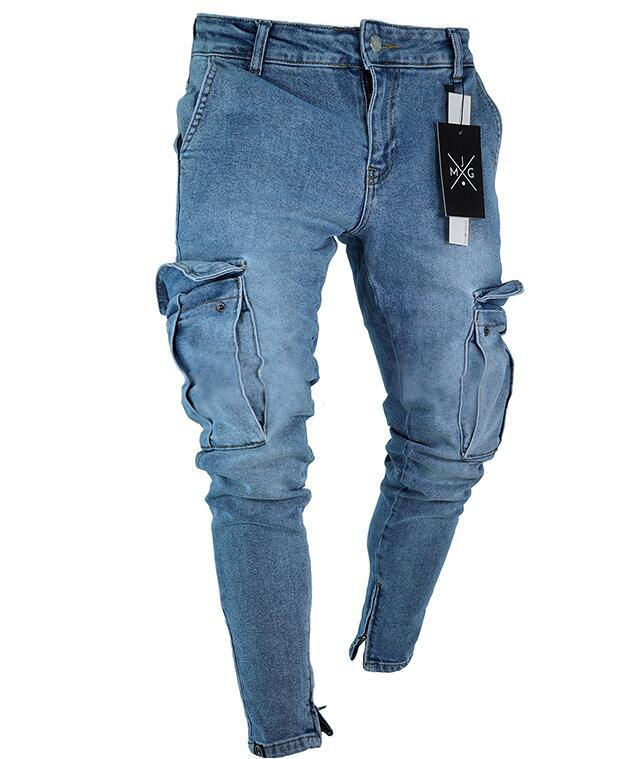 Thumbnail: Men's Skinny ripped jeans men Pants Pencil Biker Side Striped Jeans Destroyed H