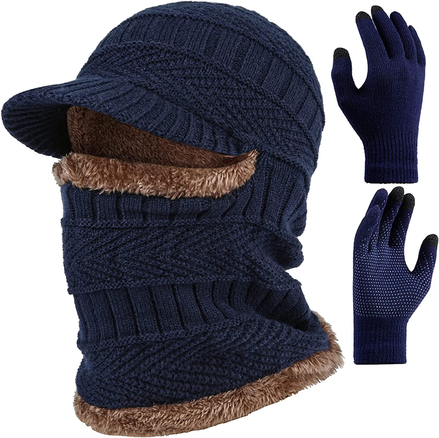 T WILKER 2Pcs Winter Knit Beanie Balaclava Hat Anti-Slip Touch Screen Mittens S