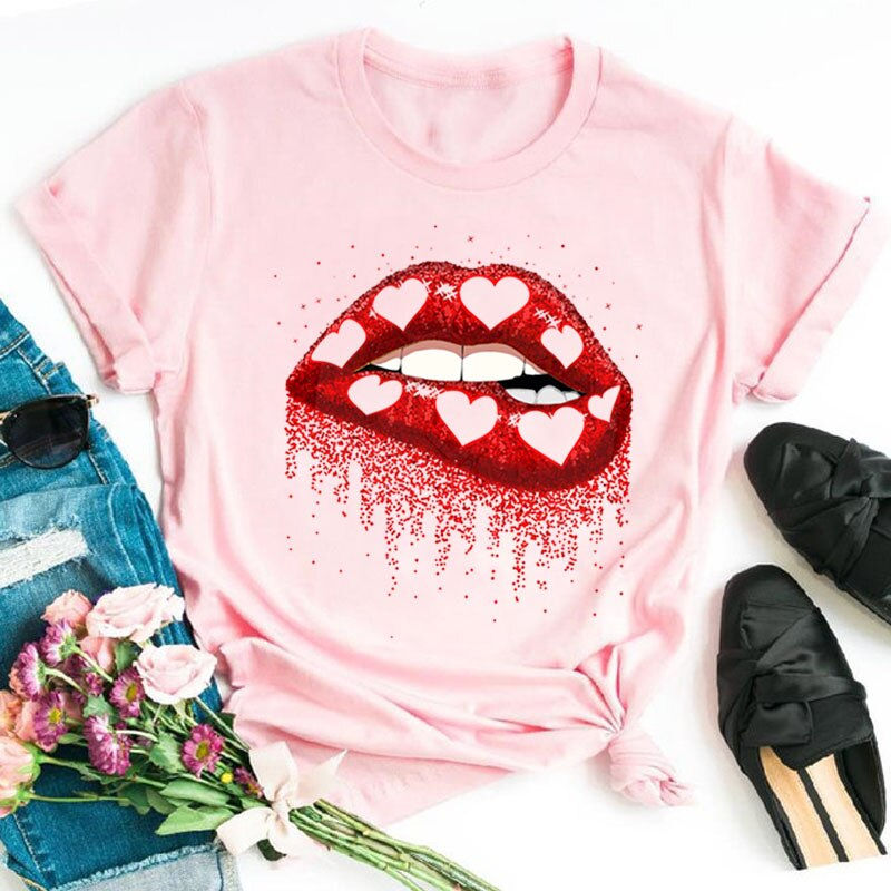 Thumbnail: Casual Top Pink Leopard Print Lips Women's Top New Women's Sexy Lip Pattern Wom