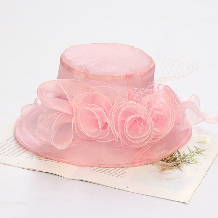 Thumbnail: New Women Elegant Summer Organza Hat Bow Flower Sun Hat Wide Brim Fascinator We
