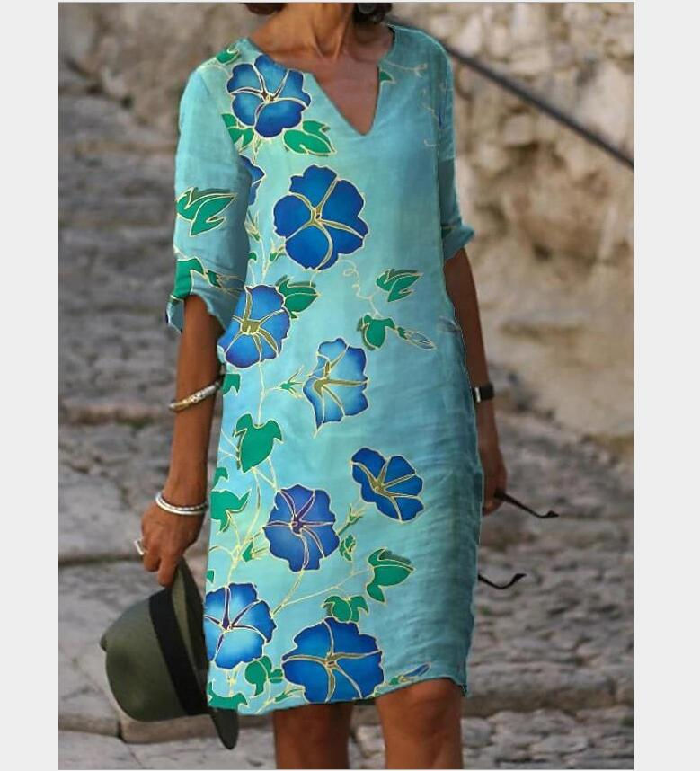 Thumbnail: New Women Printing Dress Summer V-Neck Half Sleeve A-Line Dresses Female Retro 
