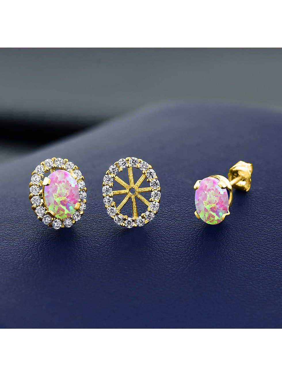 Thumbnail: Gem Stone King 925 Yellow Gold Plated Silver Oval Cabochon Pink Opal Removable 