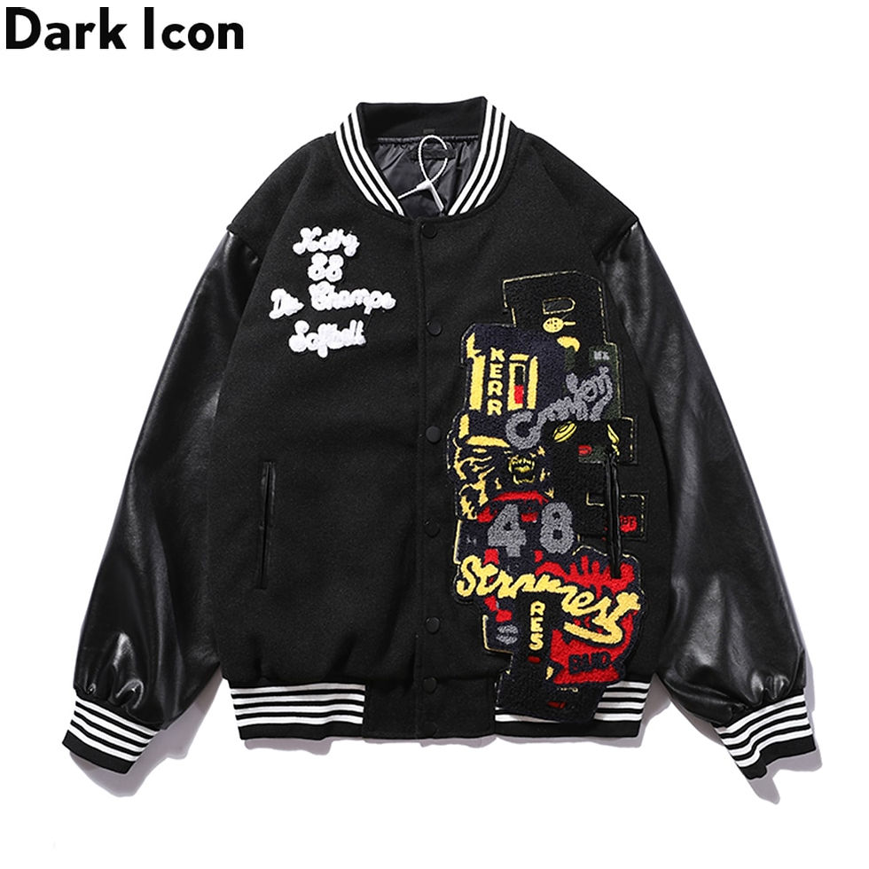Миниатюра: Dark Leather Embroidery Padded Thick Winter Men's Jackets Baseball Jacket Man