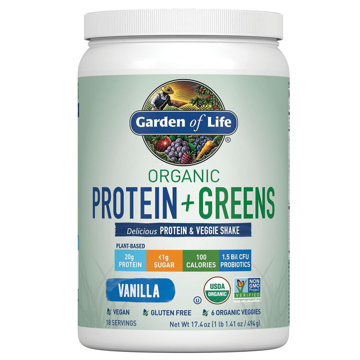 Garden of Life Organic Plant Protein & Greens Powder, Vanilla Shake,  20g Prote