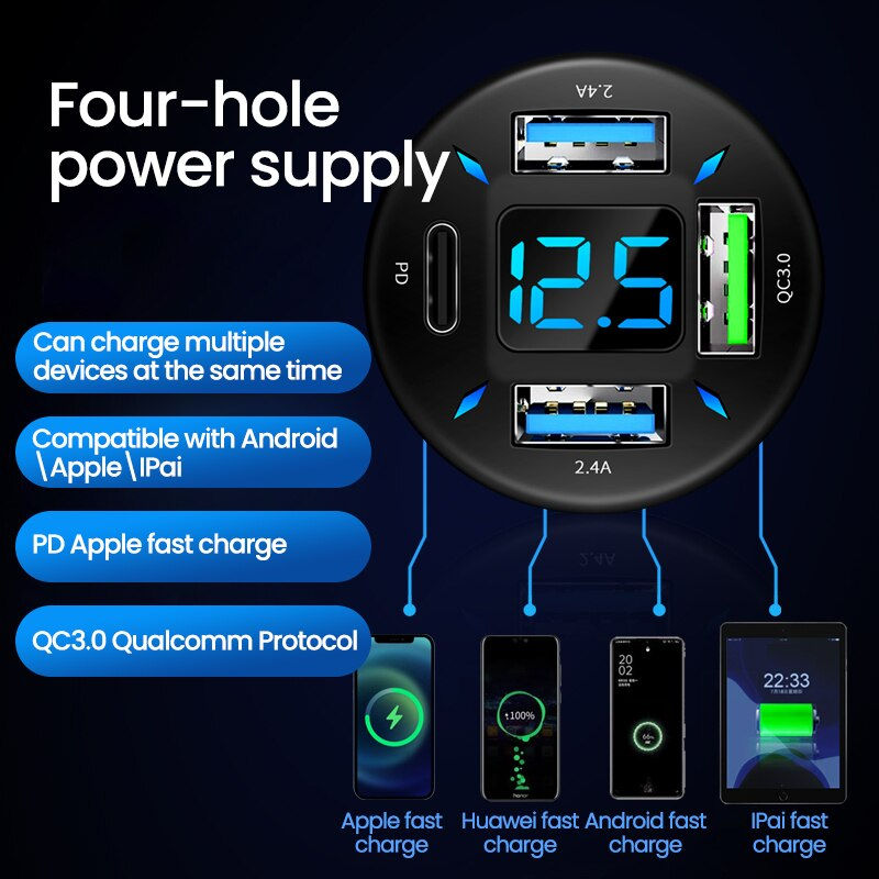 الصورة المصغرة: 66W USB Car Charger Quick Charge 3.0 4 Ports PD Fast Charging For iPhone 14 13 