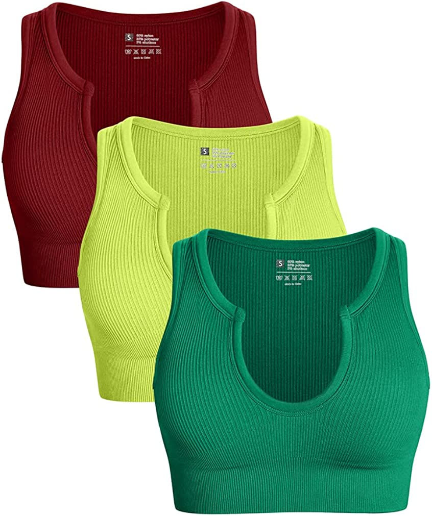 Thumbnail: OQQ Women's 3 Piece Medium Support Crop Top Seamless Ribbed Removable Cups Work