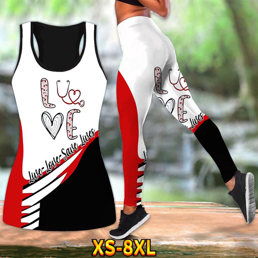 Thumbnail: Beautiful Nurse 3D Print Combo Tank Legging Summer Casual Yoga Pants Fitness Gi