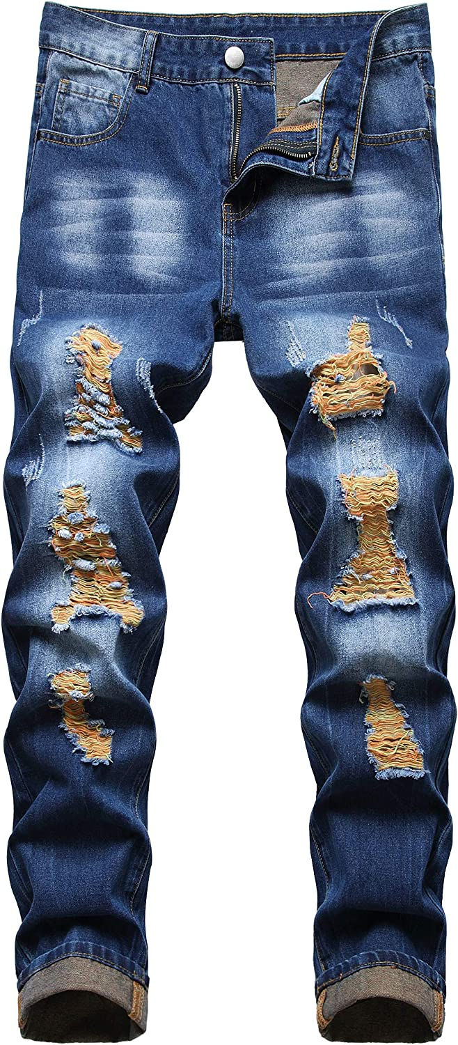 Thumbnail: QIMYUM Mens Ripped Jeans, Distressed Destroyed Slim Fit Straight Leg Denim Pants