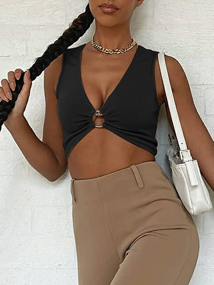 Thumbnail: AEVZIV Sexy Crop Tops for Women Sleeveless Deep V Neck Workout Tops Plunge Ring