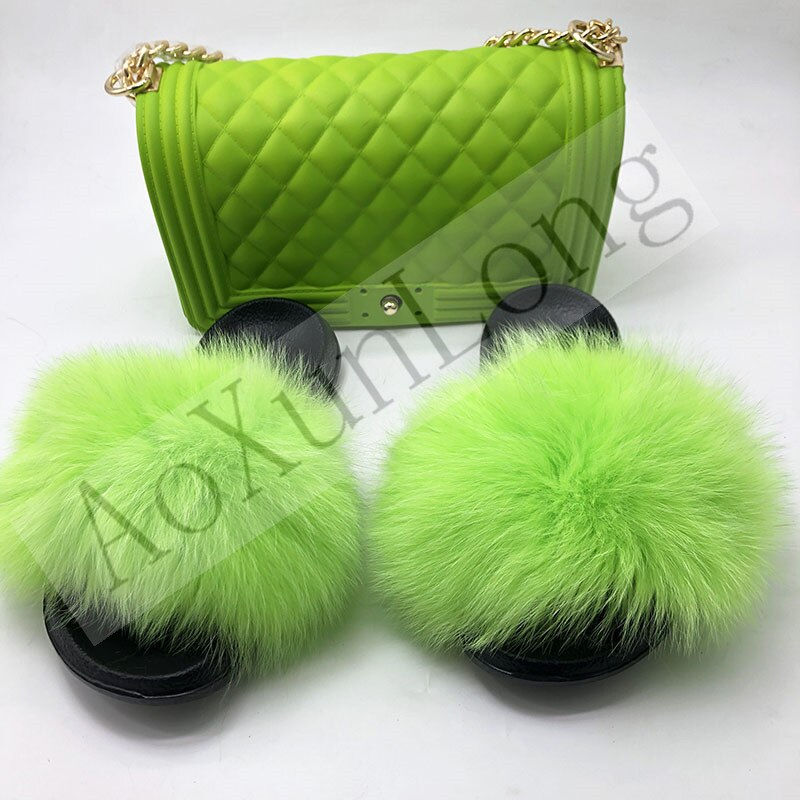 Miniatura: Fluffy Women Fur Slippers Set-Handbag Furry Real Fox Fur Slides Shoes Rainbow C