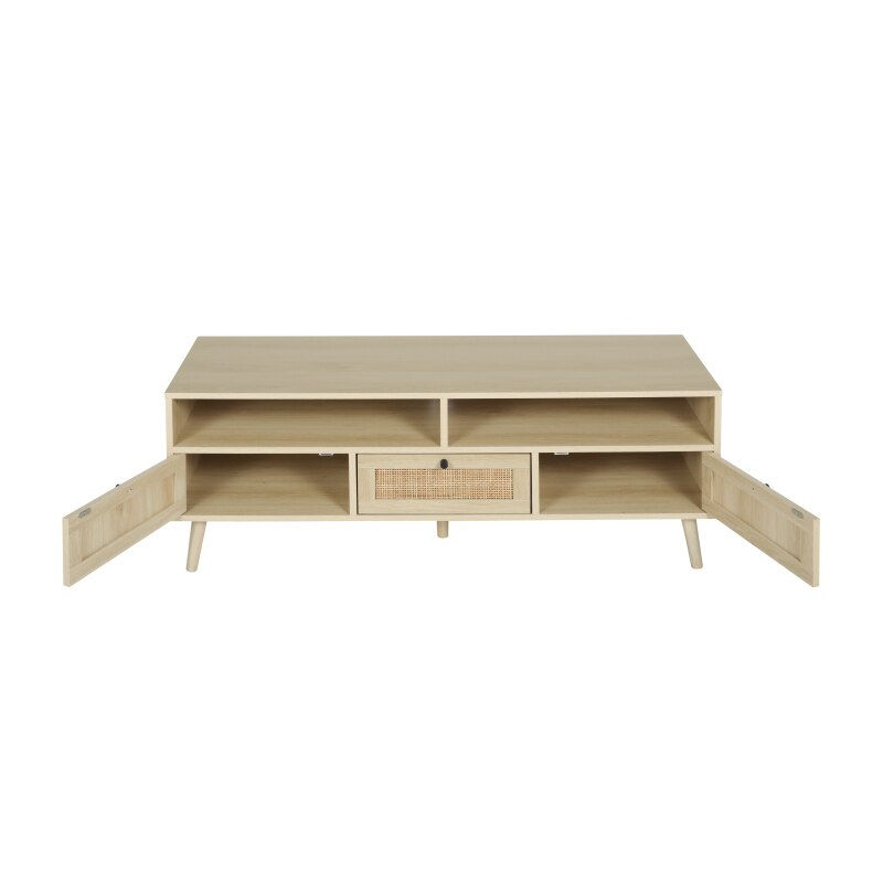 Thumbnail: Rattan TV Stand with Solid Wood Feet, TV Console Table for Living Room, Storage